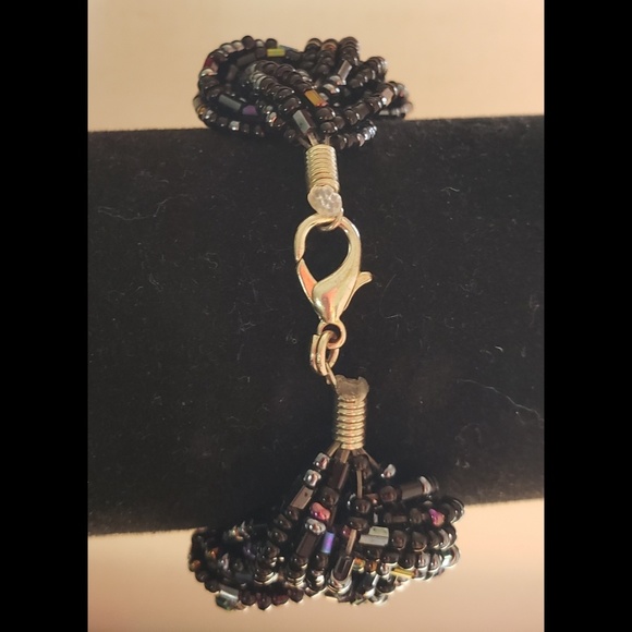 Handcrafted 7" Seed Bead Triple Braided Black Shimmering Bracelet - Picture 4 of 6